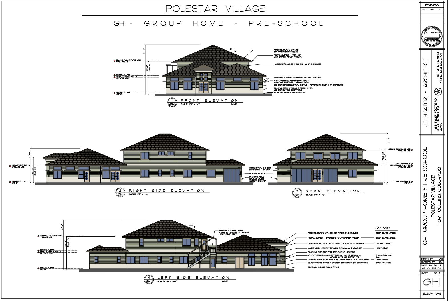 Elevations drawings of the Group Home and Preschool at Polestar Village